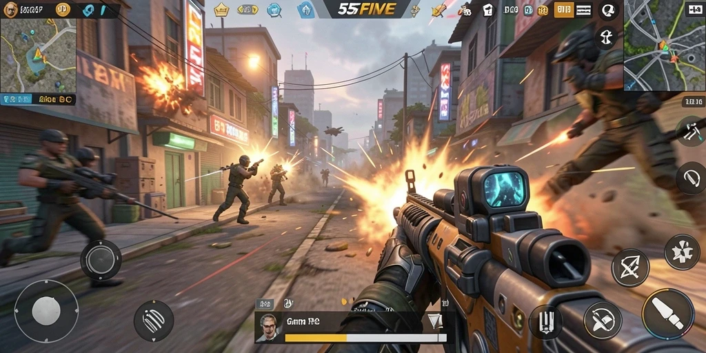 Tampilan seru gameplay aksion dalam 55FIVE.