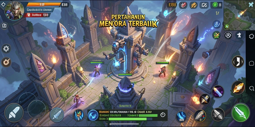 Tampilan gameplay E88 yang menampilkan pertahanan menara yang strategis.