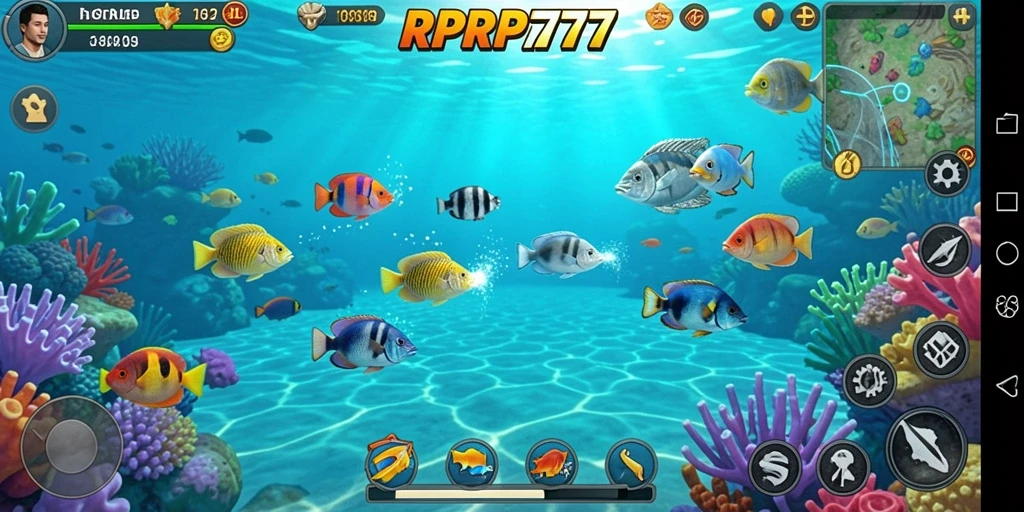 Screenshot RPRP777 menampilkan gameplay Tembak Ikan yang seru.
